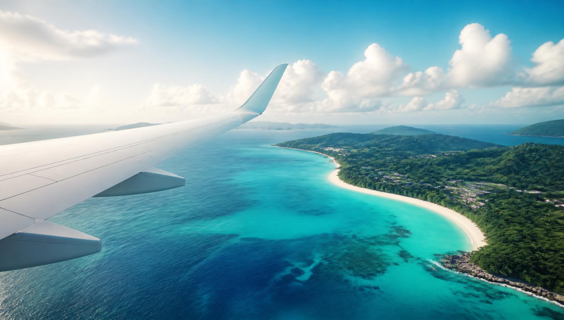 Aircraft wing above a turquoise tropical coastline